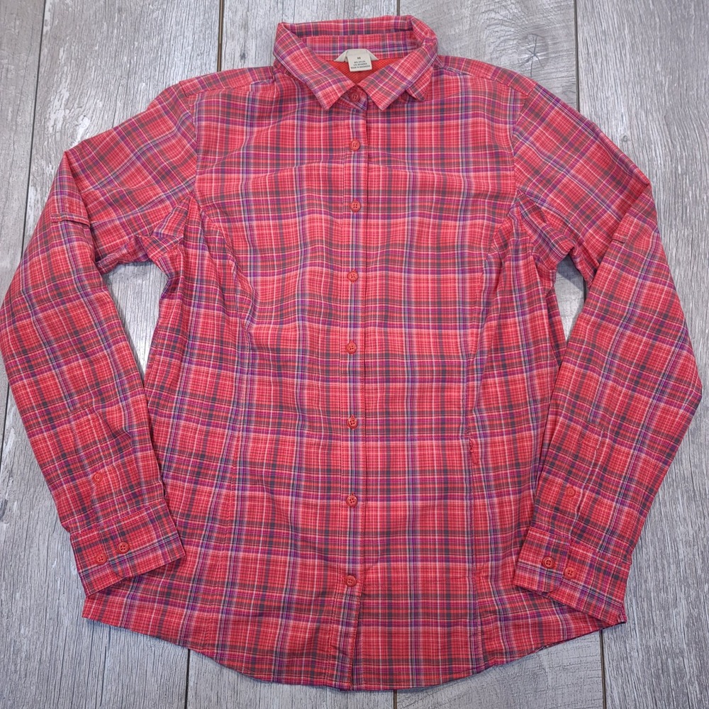 Duluth Trading Button Shirt Womens Size M Red Plaid Nylon Spandex Hiking Top